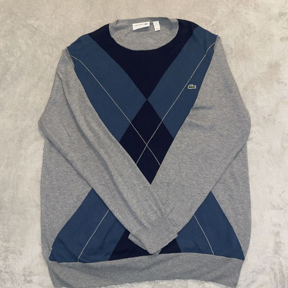 Lacoste Sweater Men’s large Gray Diamond V Neck Long Sleeve